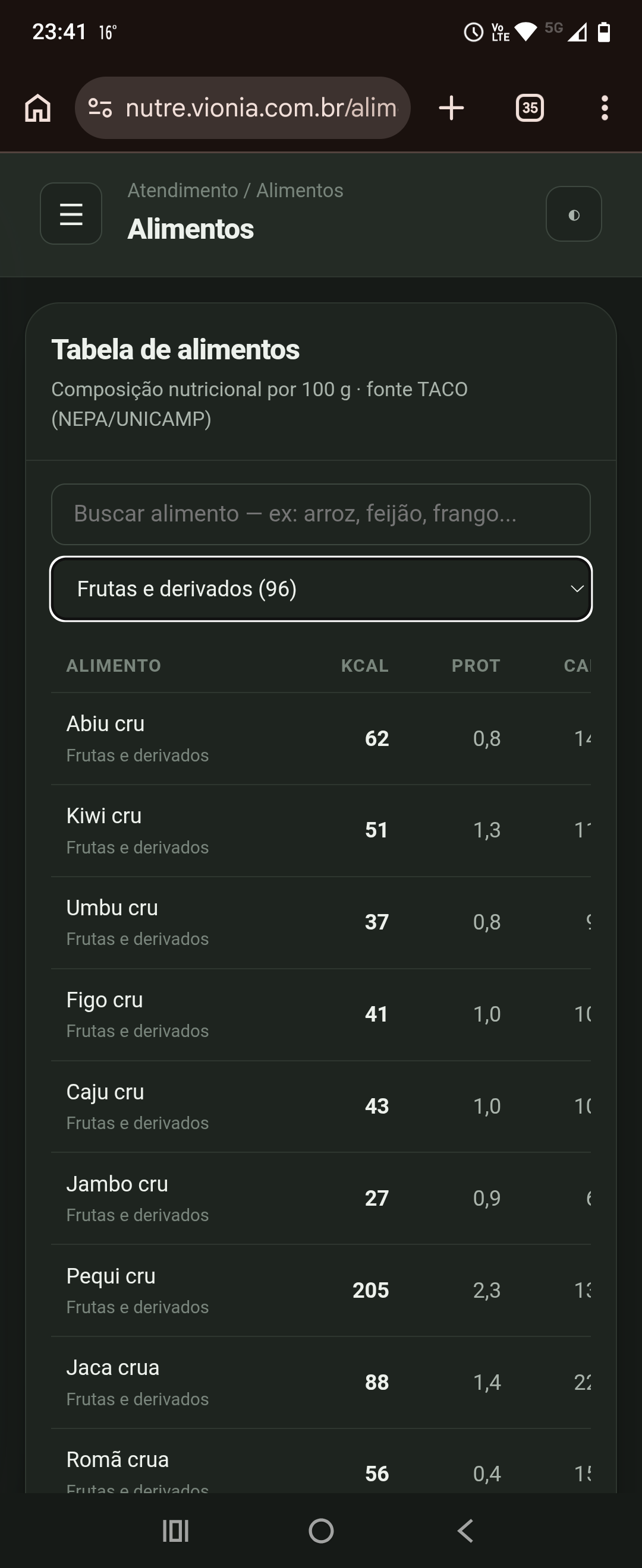 Tabela TACO completa, com busca por palavra e filtro por categoria.