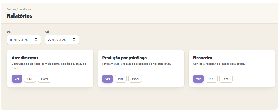 Relatórios de atendimentos, produção e financeiro